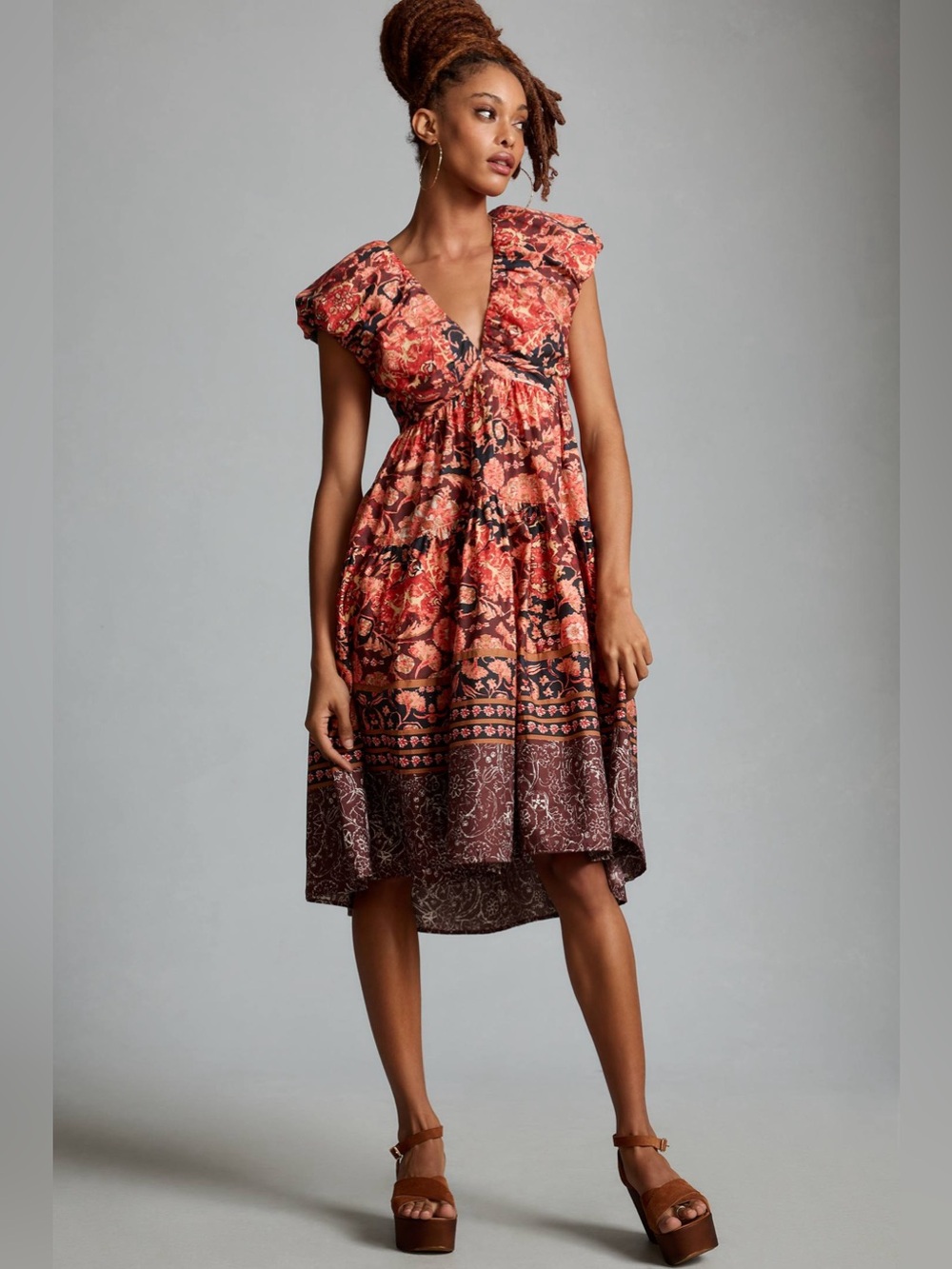 NWT By Anthropologie Floral V Neck Babydoll Midi Dress Puff Sleeve Size 6